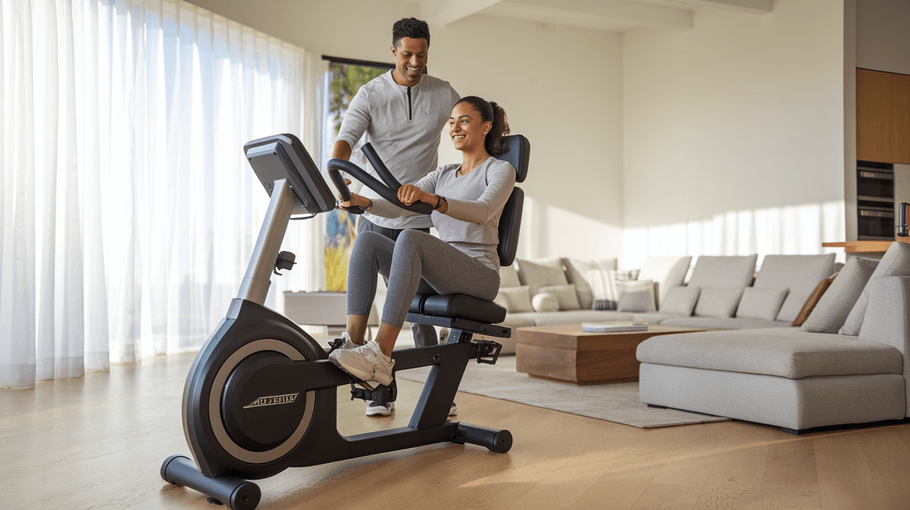 A smiling woman is sitting on the bike, pedaling gently, wearing casual or athletic clothing. A man stands beside her, encouraging or guiding her. 