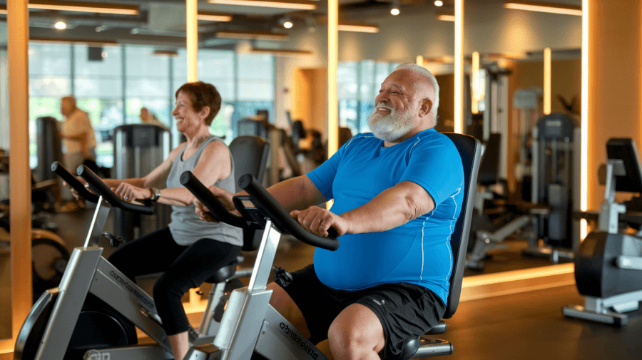 an elderly overweight man with a white beard and a fit physique is seated on a recumbent exercise bike, wearing a bright blue athletic shirt and black shorts.