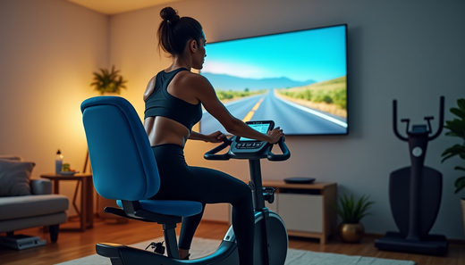 A young woman is riding a recumbent exercise bike in her bedroom while watching TV.