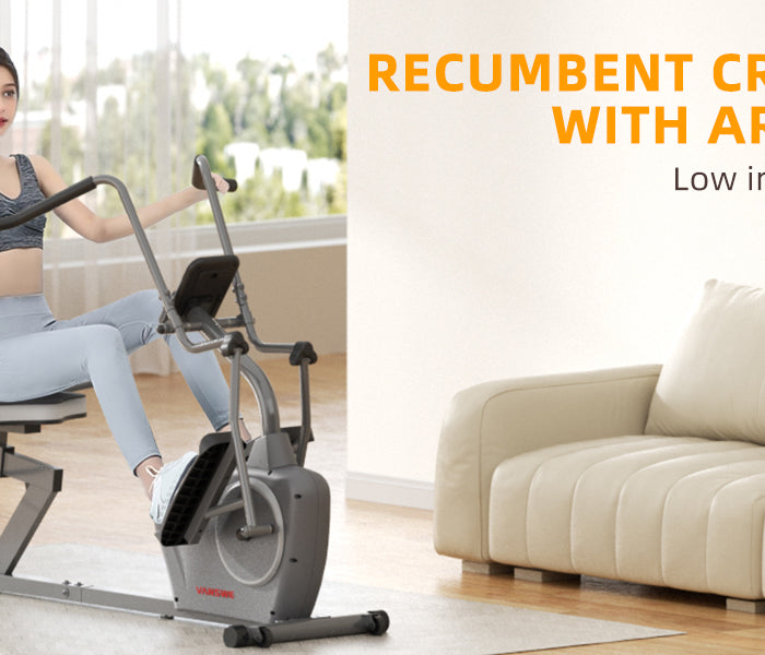 a young girl is riding a recumbent cross trainer at home