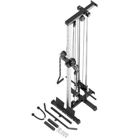 a black and silver lat pulldown machine
